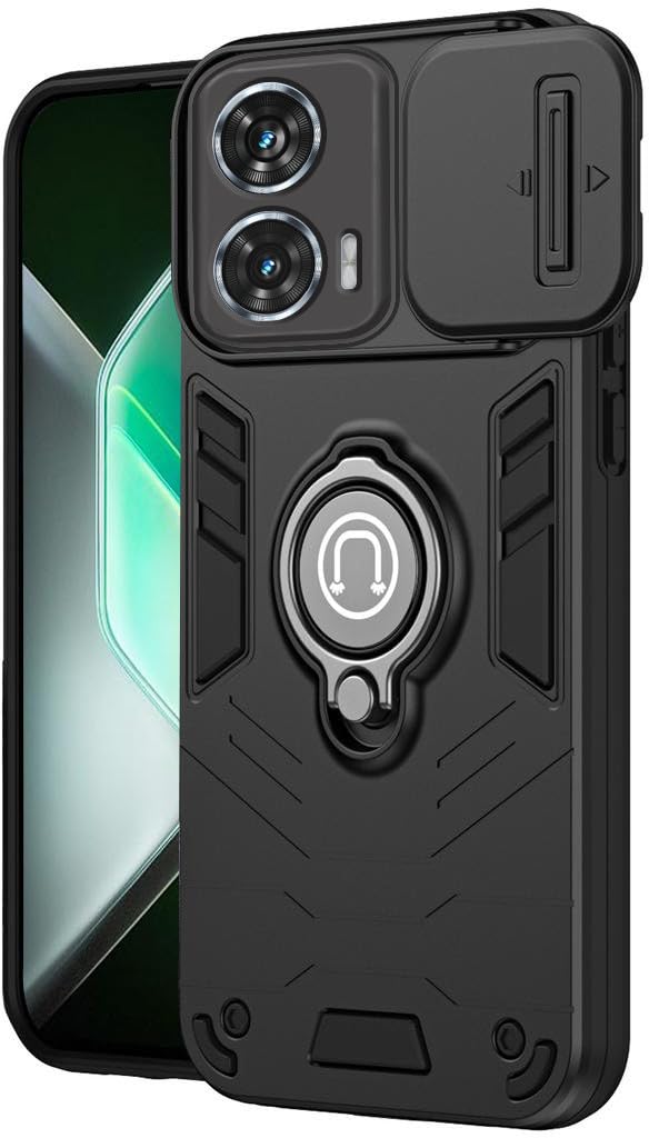 AeoFit Sliding Camera Case for Moto G96 5G with 360° Ring Kickstand | Shockproof PC+TPU Rugged Back Cover | Camera Protection for Motorola G96 5G (Black, Pack of 1)