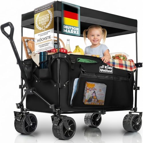 Faltbarer Bollerwagen Handwagen Transportkarre; Strand-Buggy bis 90L&150kg; XXL Geländeräder mit Bremse; Leiterwagen; Camping-Wagen für Strand Garten & Outdoor; Verstellbarer Griff & Tasche (Schwarz)