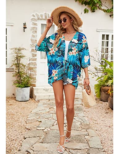 ChainJoy Women Chiffon Kimono Cardigans Tropical Tops Hawaiian Shirts Summer Beach Sheer 3/4 Sleeve Leaf Print (Black, S) - Image 9