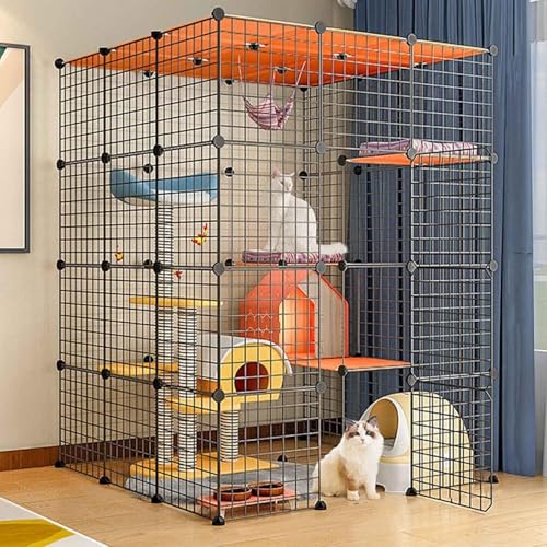 キャットケージ 屋内 大型 ハンモック付き、折りたたみ式金属製ペット犬用エクササイズフェンスペン、組み立てが簡単(ブラック、109x109x144cm)