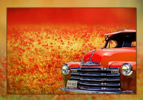 Red Truck Poppy Field Fabric Panel, TVT-009, Panel Size is 20