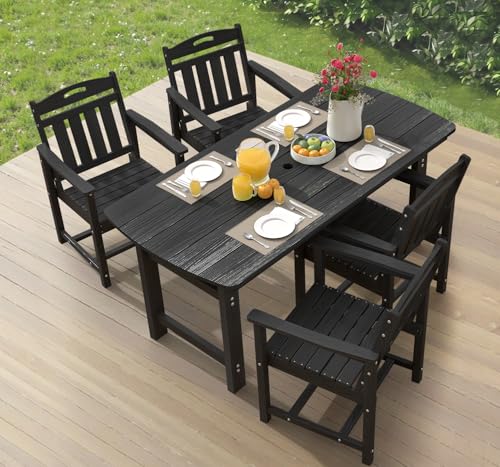 Image of Ciokea HDPE Outdoor Dining Set, 5-Piece Patio Table and Chairs Set with Umbrella Hole, All-Weather Patio Dining Sets for 4, Durable Patio Furniture for Backyard, Garden, Lawn & Poolside, Black