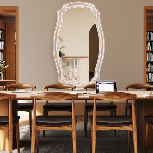 Image of 36x24 Inch Rustic Scalloped Wall Mirror, Distressed Wooden Beaded Mirrors | Horizontal or Vertical Display, HD Tempered Glass, Curved Edge Accent, for Bathroom Over Sink, Living Room, Entryway