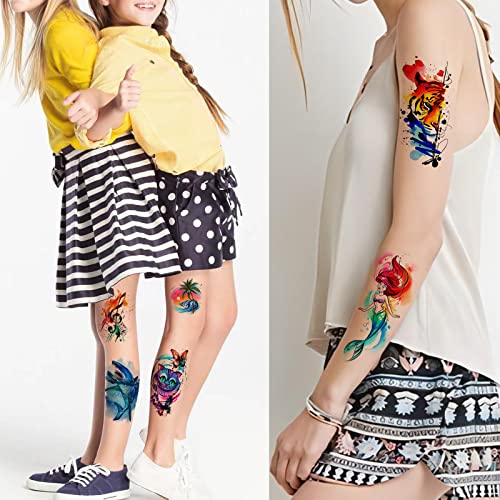 48 Watercolor Temporary Tattoos For Adult And Kids,Arm Tattoo, Body Tattoo, Watercolor Lion Wolf Mermaid Cat Tiger,Waterproof Temporary Tattoos Realistic For Women Girls And Kids, #TOP4