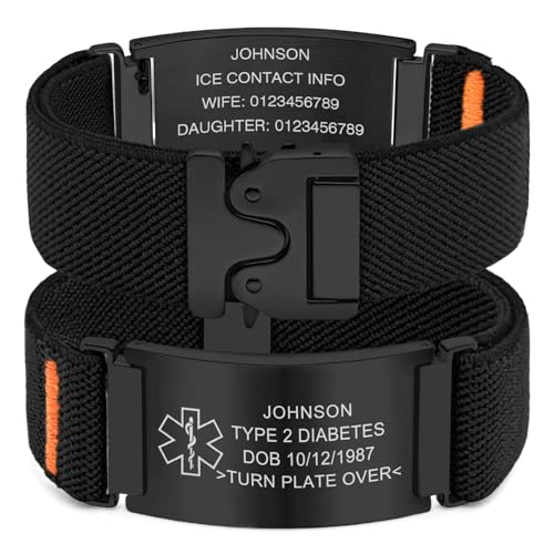 YOUNIFLARE Personalized Nylon Medical Bracelet with Laser-Engraved Medical Alert ID Tag and Secure Parachute-Style Buckle, Adjustable Length Custom Safety Gift for Men and Women (Black)