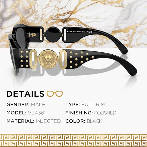 Versace VE4361 53mm Non-Polarized Oval Heart Sunglasses for Men – Black Injected Frame with Black Temples, 100% UV Protection, Lightweight & Comfortable Sunglasses, eShades Eyewear Kit Included2