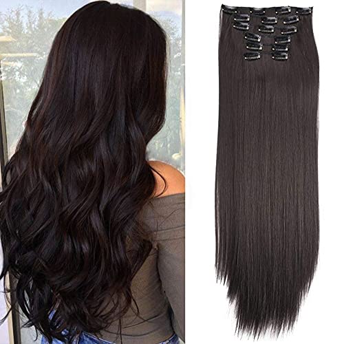 Straight Hair Extensions Clip in Hair 140g/6Pcs Dark Brown Full Head Clip in Hair Pieces for Women for Girls Synthetic Hair (#2)