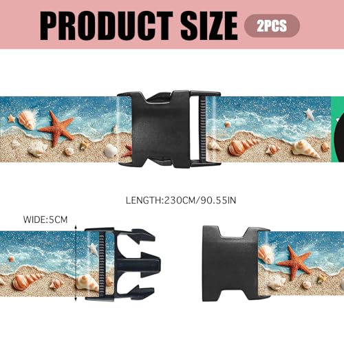 Image of Nuxovilar Luggage Straps Set for Suitcase 1.96x90.5in Polyester | Cargo Strap Travel Belt Security Buckle Band Beach Trip Summer Travel Vacation (Shell Starfish)