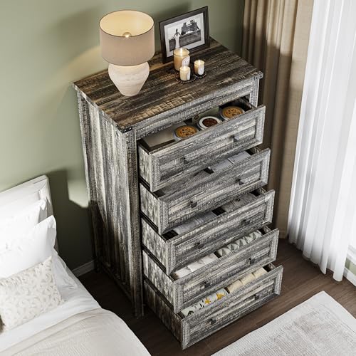 Image of BORNOON Tall 5-Drawer Dresser, Modern Wooden Storage Chest of Drawers, Dresser TV Stand, Wood Drawer Organizer with Metal Handles for Bedroom, Living Room, Hallway