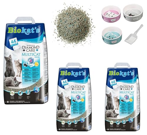 Biokat's Diamond Care MultiCat Fresh. Arena aglomerante de arcilla natural con carbón activo, perfume de flores de algodón, 3 bolsas de 8 l + cuenco de cerámica de regalo de 300 ml y pala