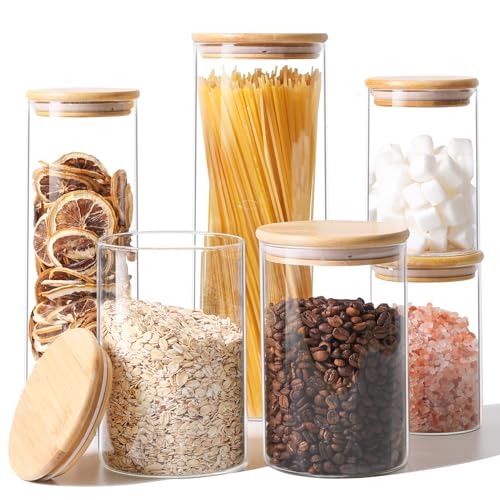 ComSaf Glass Food Storage Jars Set of 6, Clear Glass Storage Containers with Bamboo Lids, Canisters Sets for the kitchen, Spaghetti, Pasta, Flour, Nuts, Coffee and Sugar Container, Pantry Organization