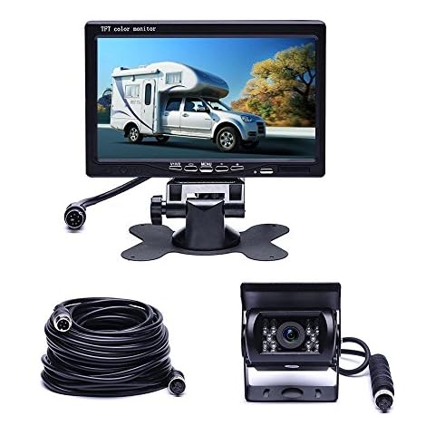 Camecho Vehicle Backup Camera 7" Monitor,18 IR Night Vision Rear View Camera Without Guide Line IP 68 Waterproof, 4 Pins Aviation Extension Cable for 33FT Length RVs, Bus, Trailer,Truck Cover