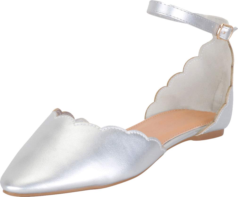 Women's Pointed Toe Scalloped D'Orsay Ankle Strap Ballet Flat