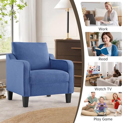 Image of Mid-Century Modern Accent Chairs Set of 2, Living Room Chairs, Comfy Reading Armchair, Upholstered Small Sofa Chair for Bedroom, Office, Blue