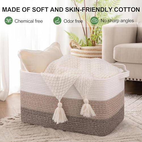 Image of OIAHOMY Rectangle Woven Storage Basket - Nursery Cotton Rope Baskets for Storage, Toy Basket Organizing for Living Room, 17.7 inchx13.8 inchx11 inch- Pack of 3 - Gradient Yellow