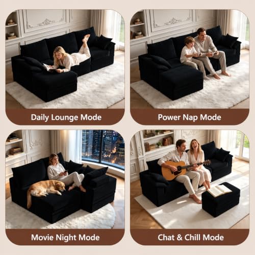 107" Modular Sectional Sofa Boneless Couch with Storage,L-Shape 3 Seat Comfy Modern Cloud Couch Sofa with Ottoman, 27" Deep Seat Corduroy Sofa for Living Room, Tool-Free Assembly - Black - image 6
