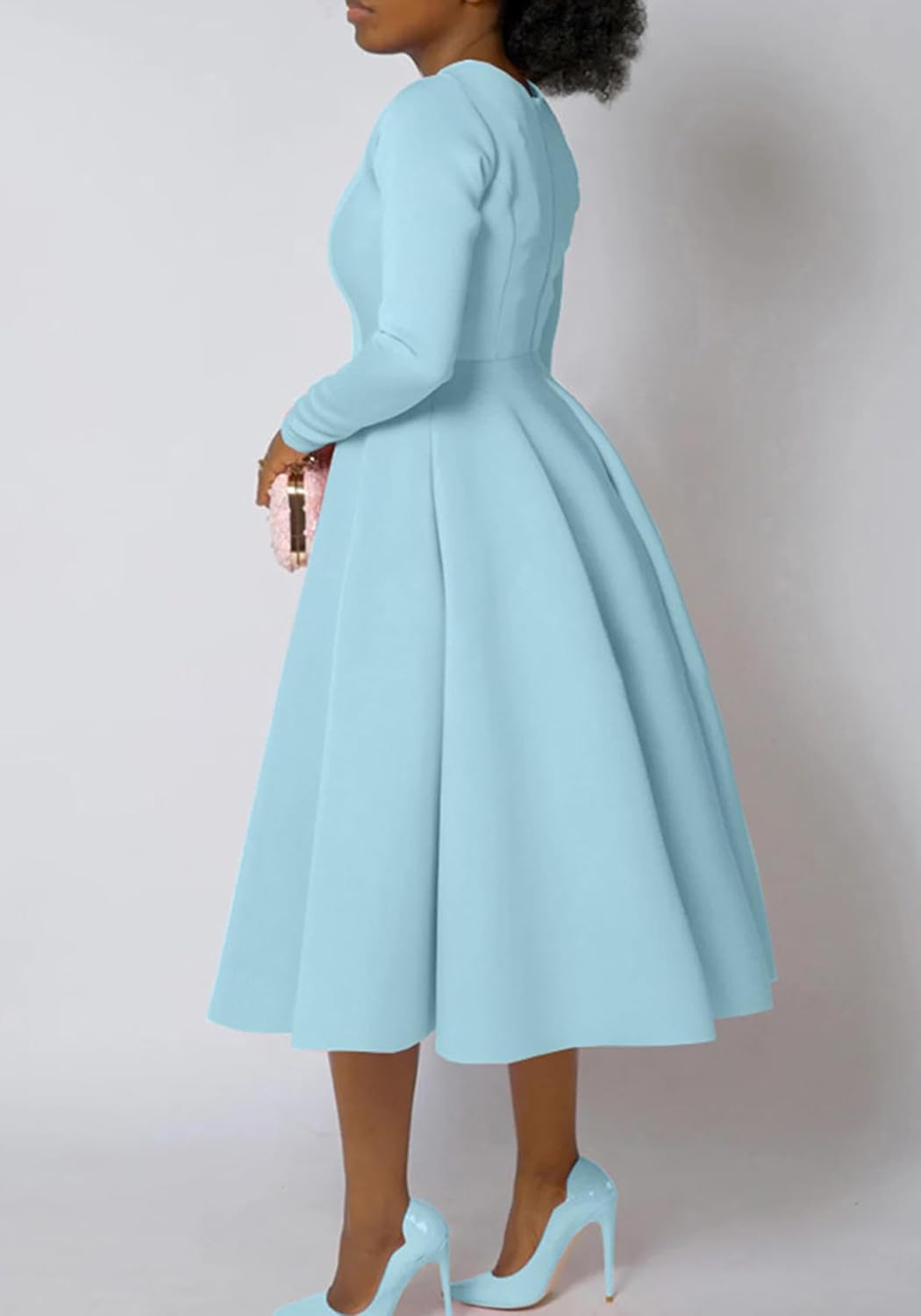 LAJIOJIO Women's Vintage Cocktail Dresses,Elegant Round Neck Long Sleeve Church Evening Dress with Pockets - Image 9