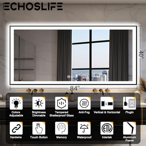Large 84x40 Light Up Bathroom Mirror -Black Aluminum Edge (Front and Backlit), Anti-Fog Vanity Mirror with Lights,Stepless Dimmable Lighted Mirror,3 Colors Smart Mirror(Horizontal/Vertical)