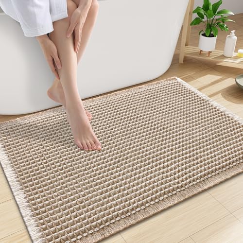 Image of Smiry Waffle Bath Mat 30x20, Extra Soft Absorbent Bathroom Rugs, Non Slip Machine Washable Quick Dry Bath Rugs for Bathroom Floor, Tub, Shower, Home Decor Accessories, Brown & Cream
