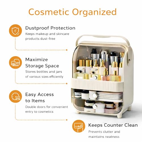 Image of JIALTO Large Cosmetic Organizer Box with Handle - Dustproof Makeup Storage Cabinet with Drawer, Skincare & Perfume Organizer for Vanity, Dressing Table & Bathroom Countertop (37x29.5x20 cm, Cream)