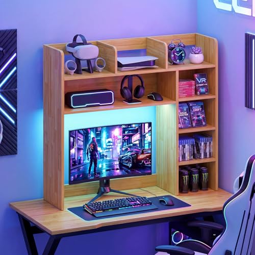 Image of Tangkula Desktop Bookshelf with LED Lights, Desk Hutch with 8 Shelves for Max 25 inch Monitor, Desktop 5-Tier Display Rack, Wood Desktop Storage Hutch Organizer for Dorm Office Home, Burlywood