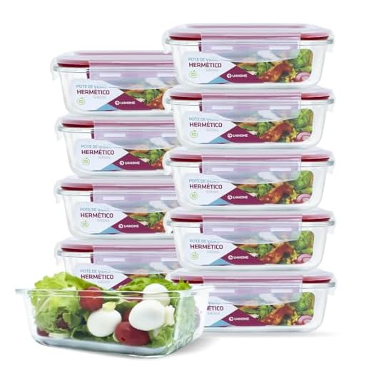 KIT 10 Potes de Vidro Retangular com Tampa Hermética 640ml Cor:Vermelho (QH)