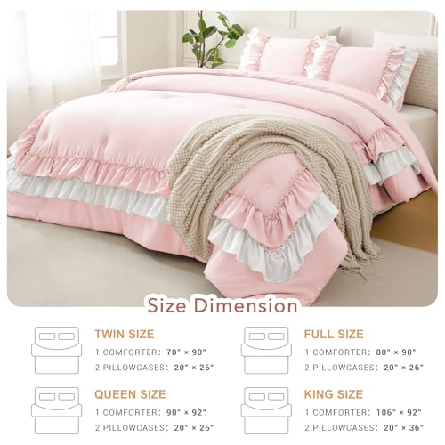 Image of QSH 3PCs Blush White Comforter Full with Ruffles,Farmhouse Shabby Boho Chic Pink Coquette Bedding Comforter Set Full Size (80 inchx90 inch) Ultra Soft Microfiber Lightweight Vintage Bed Set with Pillow Shams
