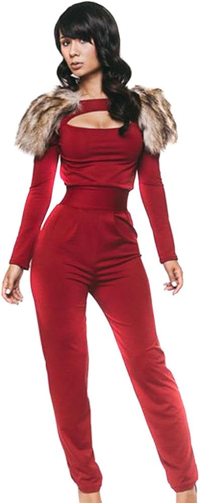 ETANG Women's V-Back with Faux Fur Long Sleeve Jumpsuit Party Dress S