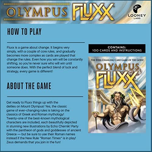Looney Labs Olympus Fluxx โ Card Games Adults and Kids - 2-6 Players โ Card Games for Family โ 5-30 Mins of Gameplay โ Games for Family Game Night โ Card Games for Kids & Adults Ages 8+ - English
