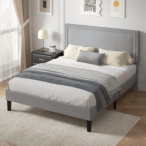 Image of VECELO Queen Size Platform Bed Frame with Height Adjustable Upholstered Headboard, Modern Mattress Foundation,Strong Wood Slat Support, No Box Spring Needed, Easy Assembly,Light Grey