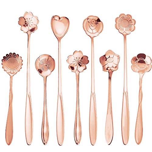 9 Pcs Flower Spoon Coffee Teaspoon Set, ESRISE Stainless Steel Tea Spoon for Tea Party Decorations (Rose Gold)