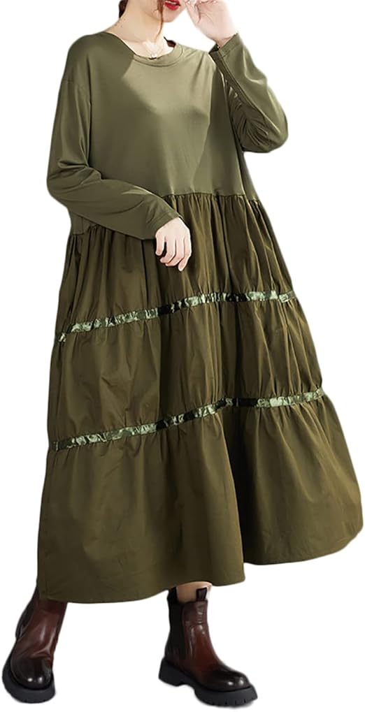 Amazon Co Jp ワンピース レディース ロングワンピース マキシワンピース 長袖 ゆったり ギャザースカート チュニック ワンピース Aライン カジュアル おしゃれ 体型カバー 大きいサイズ 部屋着 春 秋 服 ファッション小物