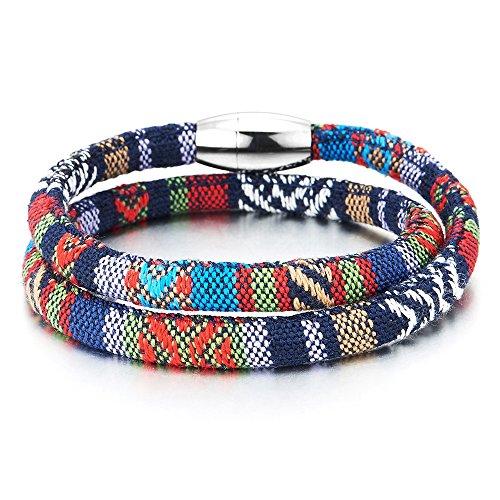 COOLSTEELANDBEYOND Double-Lap Tribal Tibetan Mens Womens Cotton Bracelet Wristband Wrap Bracelet, Steel Magnetic Clasp
