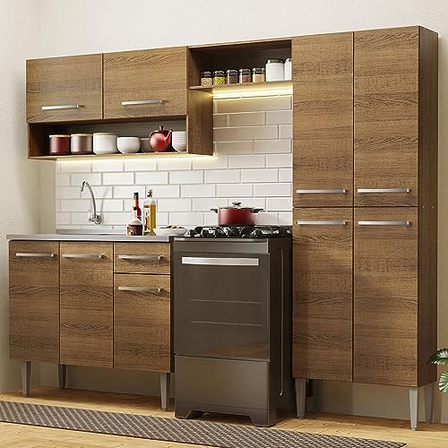 Image of Madesa Engineered Wood Full Modular Kitchen Complete Set with Cabinets, Ample Storage 229 Cm Wide with Multiple Compartments, 4 Cabinets, 2 Pull-Out Drawers, Wall Hang, Includes Sink - Brown