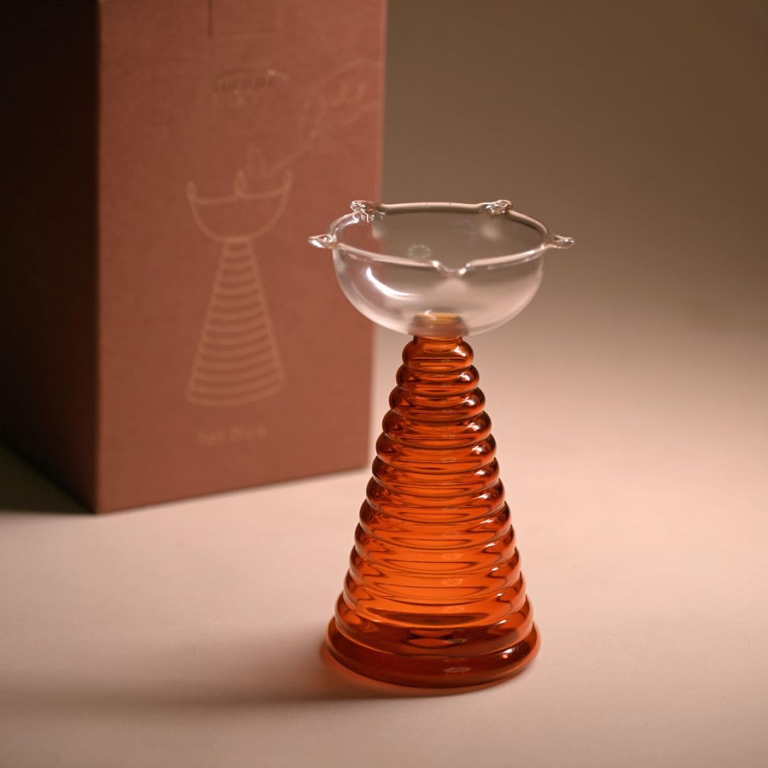 Tall Glass Diya for Party, Pooja Room, House Warming, Wedding, Temple, Mandir I Cotton Wick Diya Lamp | Decorative Oil Lamp | Amber Color | Size : Tall