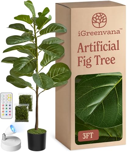 iGreenvana Artificial Fiddle Leaf Fig Tree 3ft (36 Inch) Tall - with Remote LED Spotlight...
