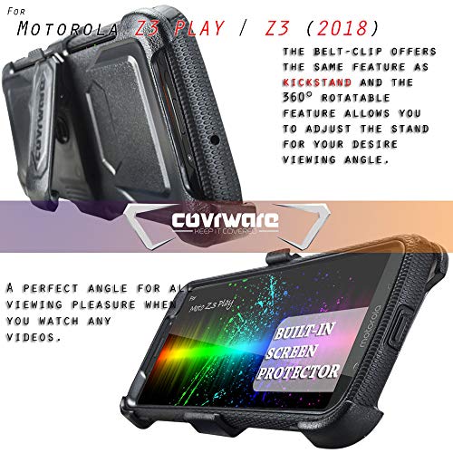 Covrware Aegis Series Case For Moto Z3 Play / Moto Z3 With Built-In [Screen Protector] Heavy Duty Full-Body Rugged Holster Armor Case [Belt Swivel Clip][Kickstand], Black #TOP5
