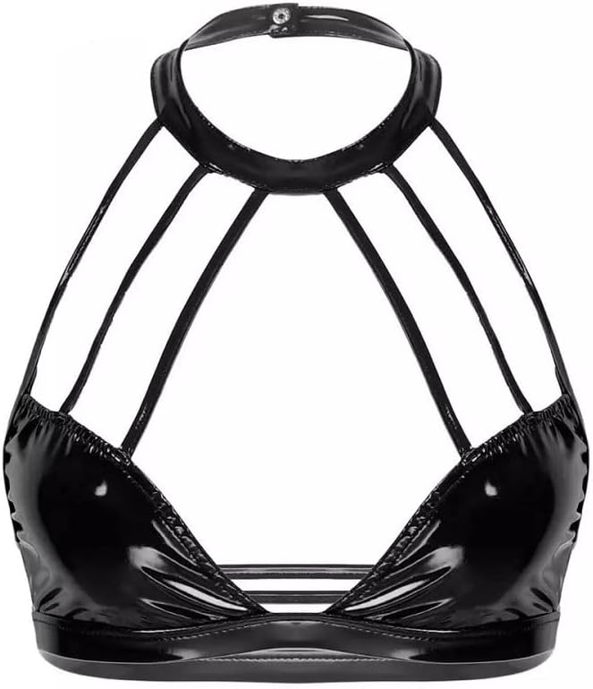 PVC Patent Leather Sexy Open Chest Leather Bra Halter Neck Bra