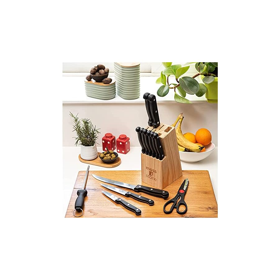 Moss & Stone 14-piece Knife Block Set, Stainless Steel Knife Set, Premium Kitchen knives Set With High-Carbon Stainless Steel Blades And Wooden Block Set, Cutlery Knife Set, 14 Pcs Kitchen Knife Set