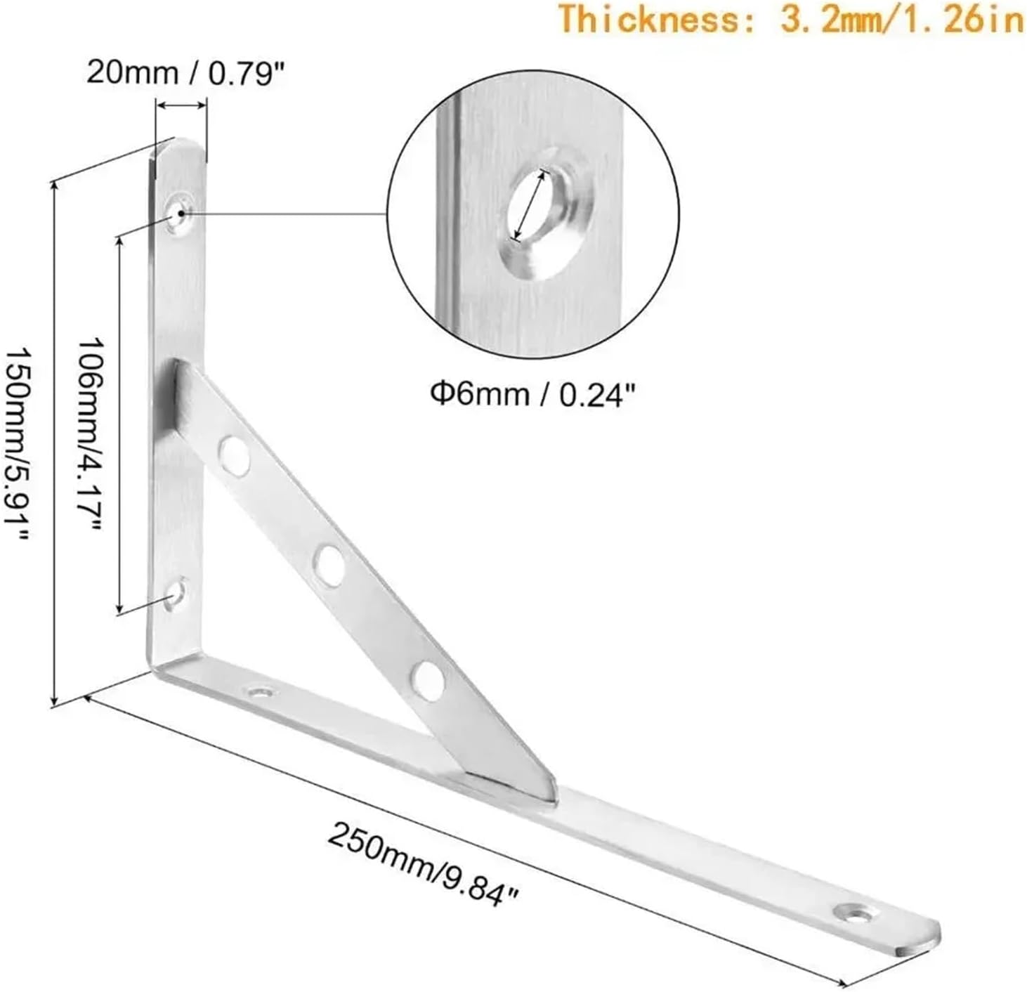 Floating Shelf Brackets 6Pcs Stainles Steel Silver Right Angled Triangular Brackets Home Decoration Wall Mounted Heavy-Duty Hardware Furniture for Kitchen Living Room