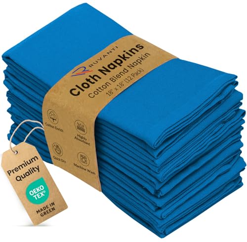 Image of Ruvanti Cloth Napkins Set of 12, 18x18 Inches Napkins Cloth Washable, Soft, Durable, Absorbent, Cotton Blend. Table Dinner Napkins Cloth for Hotel, Lunch, Restaurant, Wedding Event, Parties - Blue