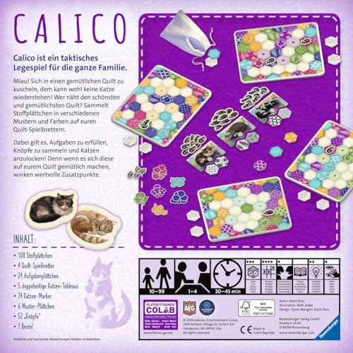 Ravensburger 27038 - Calico, Abwechslungsreiches Legespiel für Erwachsene, Kinder und Katzen Fans ab 10 Jahren, Ideal für Spieleabende für 1-4 Spieler