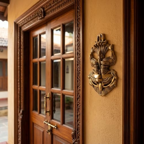 Image of Kridaykraft Metal Feng Shui Vastu Showpiece Nazar Battu with Naag Ganesha Suraksha Kawach Mask for Evil Eye Protection for Home, Office Wall & Door Hanging (Gold, Medium) - 9.5 Cm