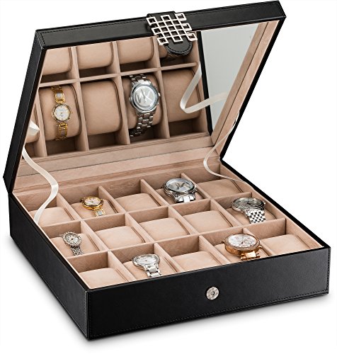 Glenor Co Watch Box - 15 Slot Classic Watch Case Display Organizer With Modern Buckle -Black #TOP2