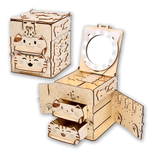 3D Wooden Puzzle Cat Treasure Box, Wood Creative Assembly Model Building Kits to Build for Adults and Teens, DIY Cat Jewelry Box with Mirror Hobbies Projects Gift for Women