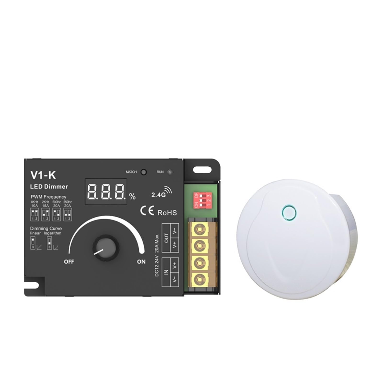 Drehbarer LED-Dimmer, DC 12 V, 24 V, PWM, kabellose Frequenz, einstellbar, 20 A, einfarbiger LED-Lichtleisten-Controller, Knopf, 12-Volt-Dimmerschalter (Color : Model G, Size : DC 12-24V)
