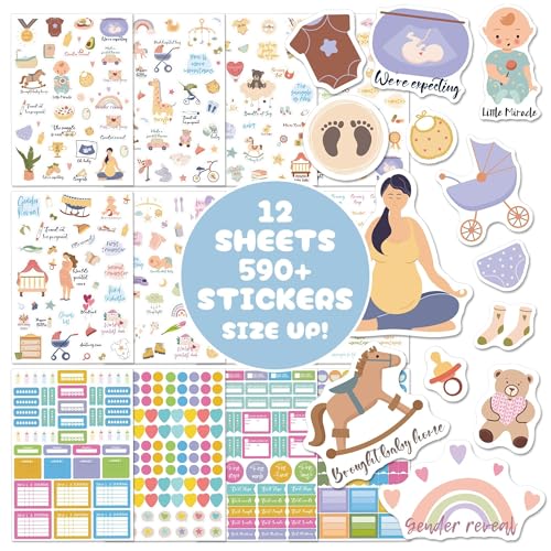 Baby Scrapbook Supplies - Baby Scrapbook Stickers - 12 Sheets/590+ Sticker - 6.7 x 9.5 - New Pregnancy & Babys First Year Planner Sticker for Scrapbooking - Pregnancy Stickers for Scrapbooking