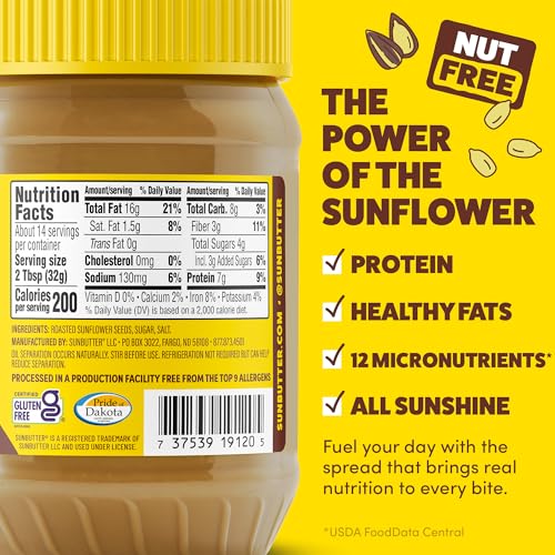 Image of SunButter Original Sunflower Seed Butter, 16 oz Nut-Free Spread with 7g Plant-Based Protein, Roasted Rich & Savory Flavor, Smooth Texture | Vegan, Kosher & Non-GMO