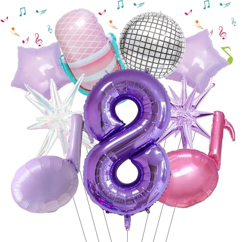 9PCS Pink Purple Music Note Balloons,Microphone Disco Ball Birthday Number Foil Balloon for 8th Birthday Music Singer Theme Party Supplies (8th)