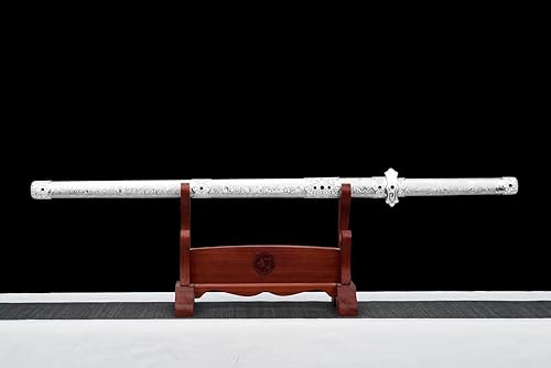 Miniatura 2 de Yongli Sword Fulll Tang - Hoja grabada de acero de manganeso de alta calidad, hecha a mano, espada china de cuero blanco plateado